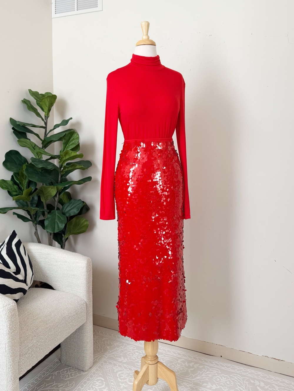 Red Sequin Midi Skirt